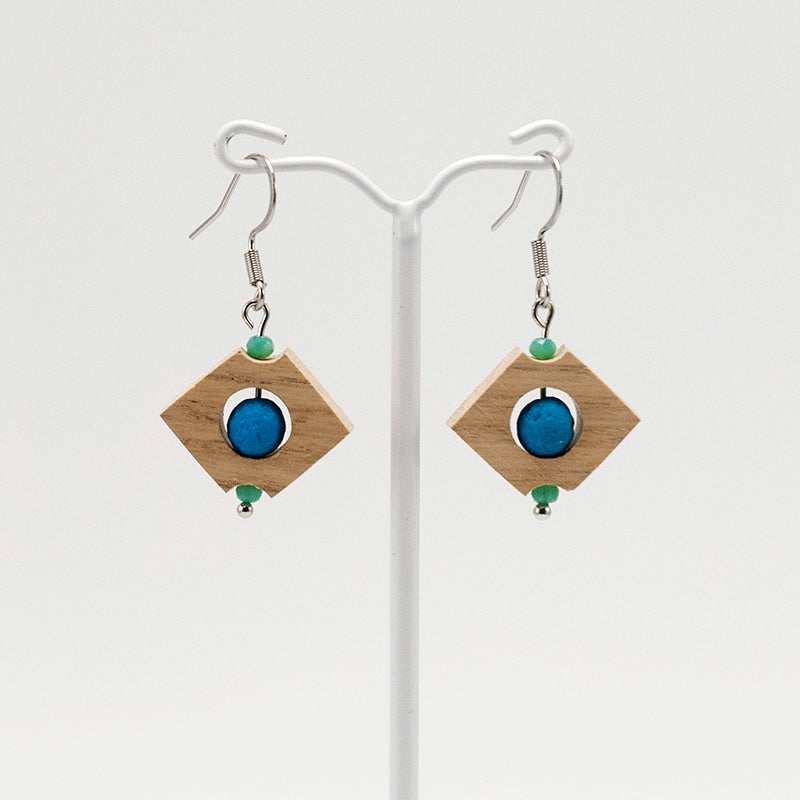 Waitherero. Oak Rhombus Wooden Earrings with Blue and Turquoise polyhedral beads A112-2