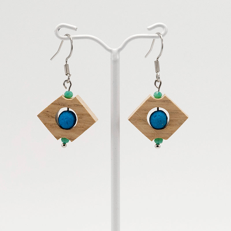Waitherero. Oak Rhombus Wooden Earrings with Blue and Turquoise polyhedral beads A112-2