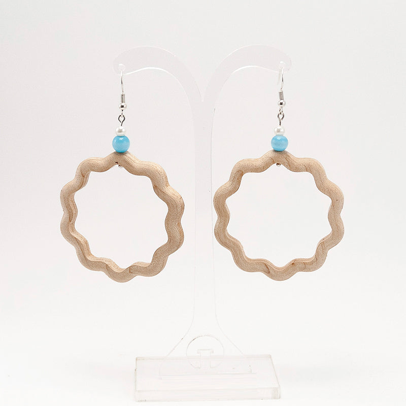 Ada. Maple Hoop Wooden Earrings with White pearl and Blue sky tiger eye beads A114-1