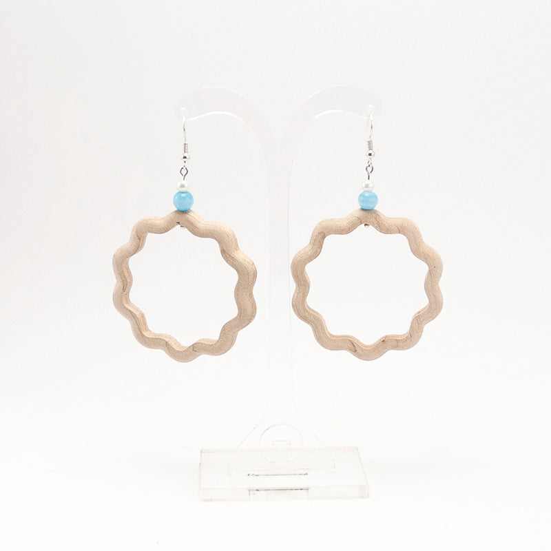 Ada. Maple Hoop Wooden Earrings with White pearl and Blue sky tiger eye beads A114-1