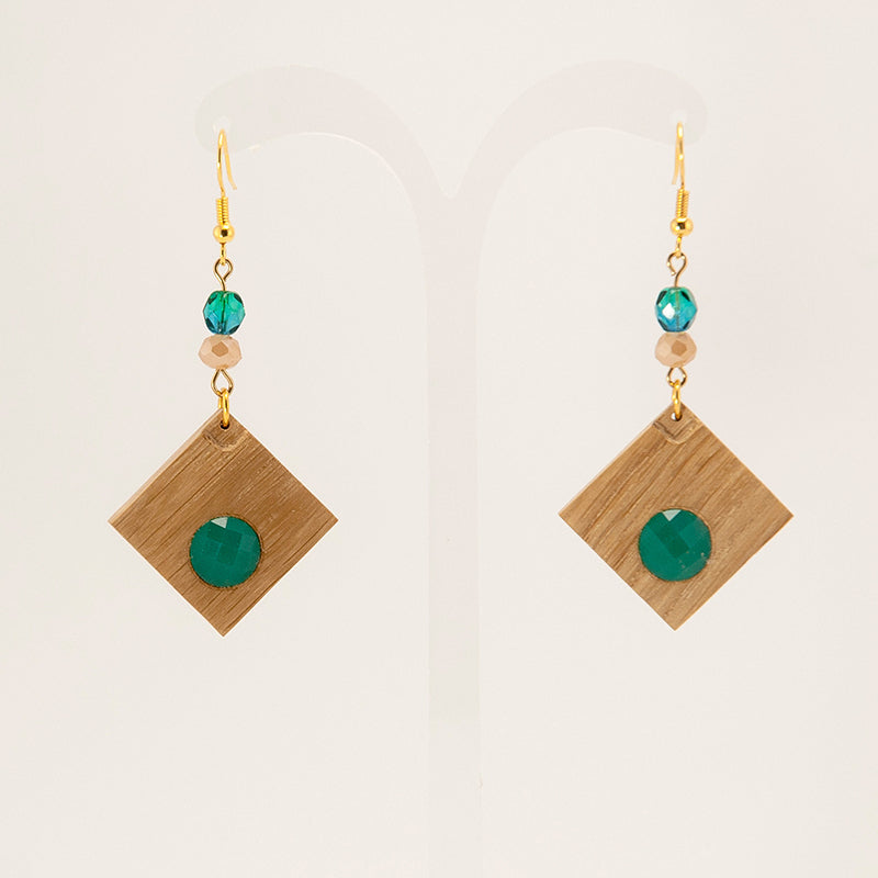 Akari. Oak Rhombus Wooden Earrings with Green and Beige beads A125-1 –  Alexandraforms