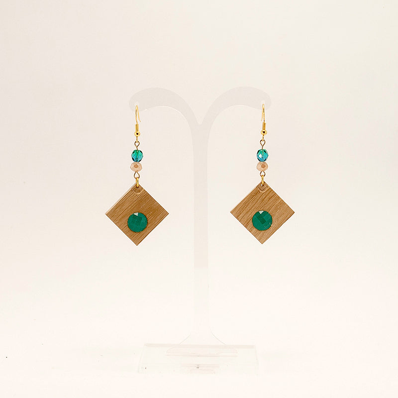 Akari. Oak Rhombus Wooden Earrings with Green and Beige beads A125-1