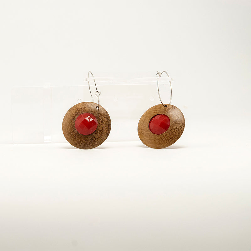 Aurora. Doussie Circle Wooden Earrings with Red polyhedral faceted beads A127-1