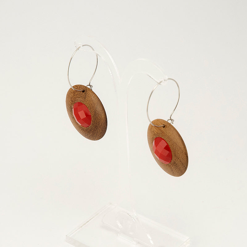 Aurora. Doussie Circle Wooden Earrings with Red polyhedral faceted beads A127-1