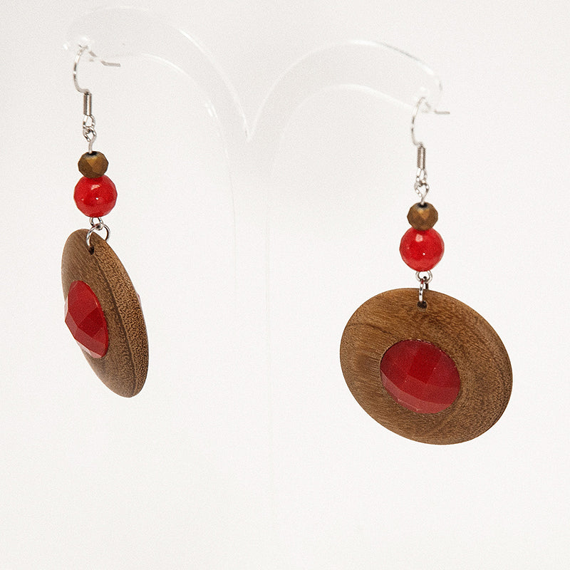 Dominika. Doussie Discus Wooden Earrings with Red beads A128-1
