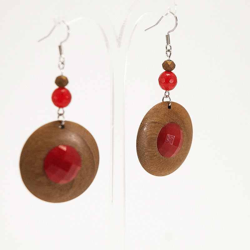Dominika. Doussie Discus Wooden Earrings with Red beads A128-1