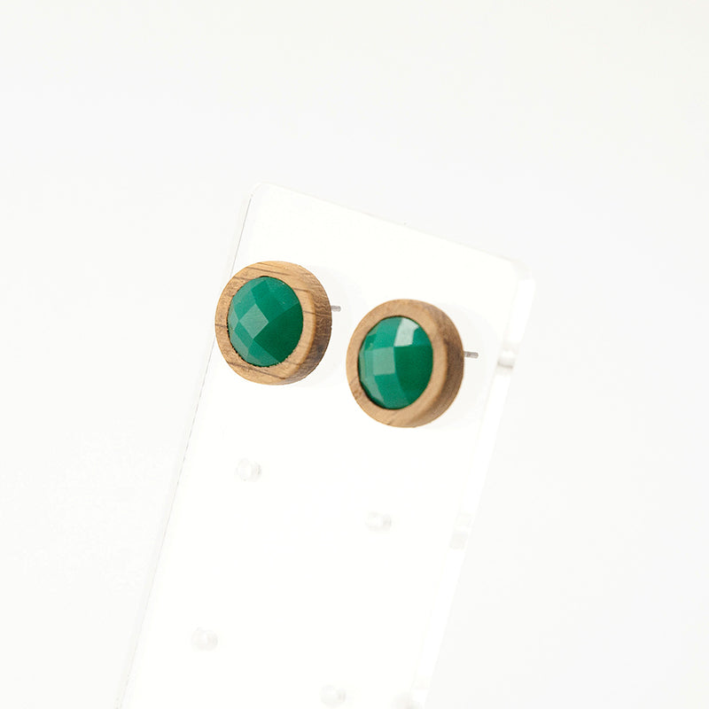 Veronica. Oak Circle Wooden Earrings with Green polyhedral Crystal faceted beads A129-2