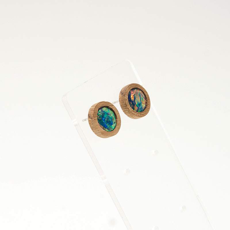 Gabriela. Oak Circle Wooden Earrings with Ιridescent beads  A129-3