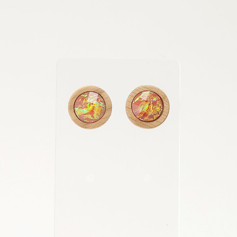 Belen. Oak Circle Wooden Earrings with Ιridescent beads A129-4