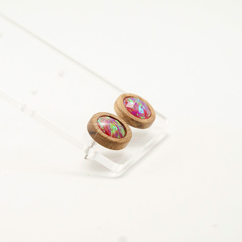 Belen. Oak Circle Wooden Earrings with Ιridescent beads A129-4