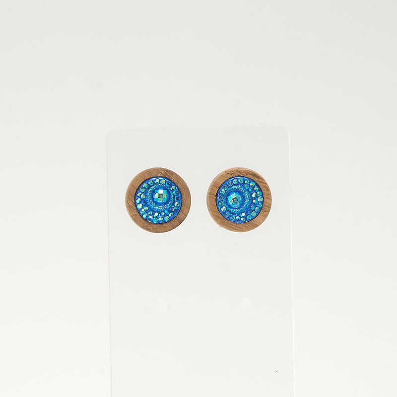 Daniela. Oak Circle Wooden Earrings with Blue sky iridescent A129-5