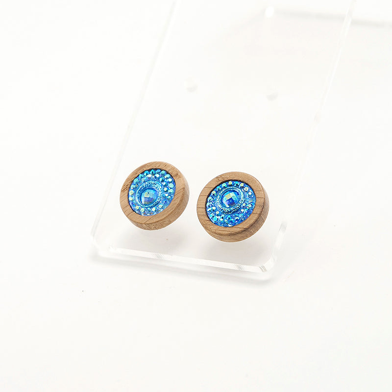 Daniela. Oak Circle Wooden Earrings with Blue sky iridescent A129-5