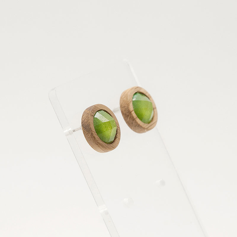 Ana. Oak Circle Wooden Earrings with Lime Green Ιridescent A129-6