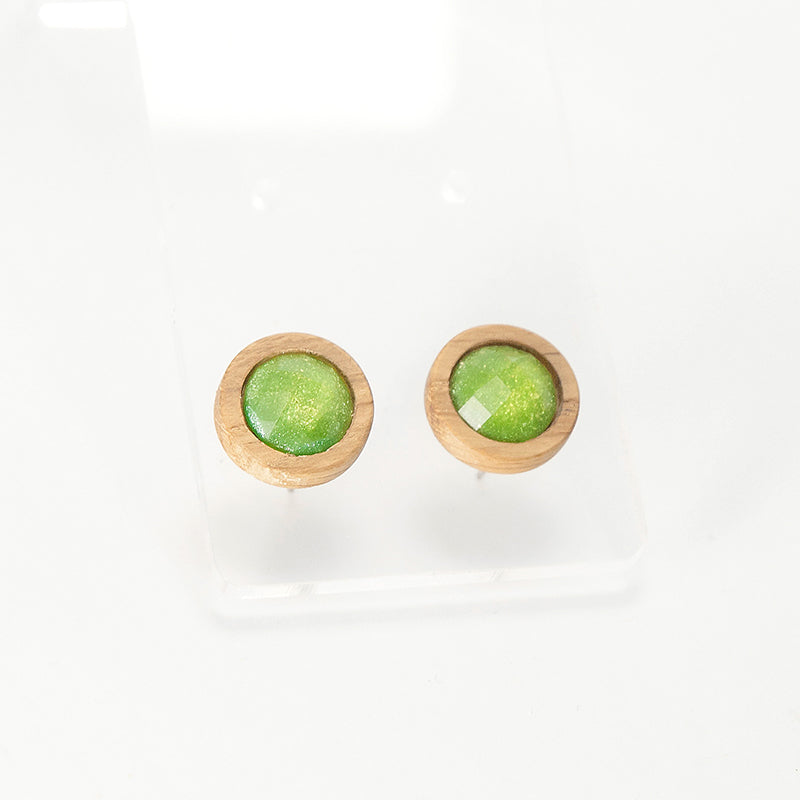 Ana. Oak Circle Wooden Earrings with Lime Green Ιridescent A129-6