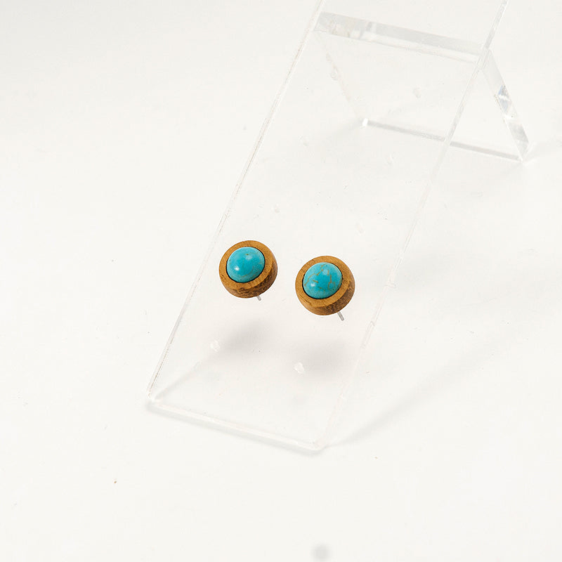 Itika. Iroko Circle Wooden Earrings with Turquoise beads A130-10