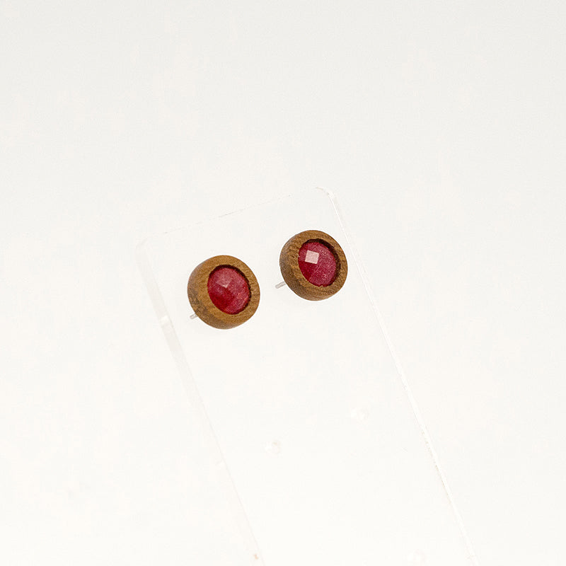 Aysia. Iroko Circle Wooden Earrings with  Red polyhedral faceted beads A130-14