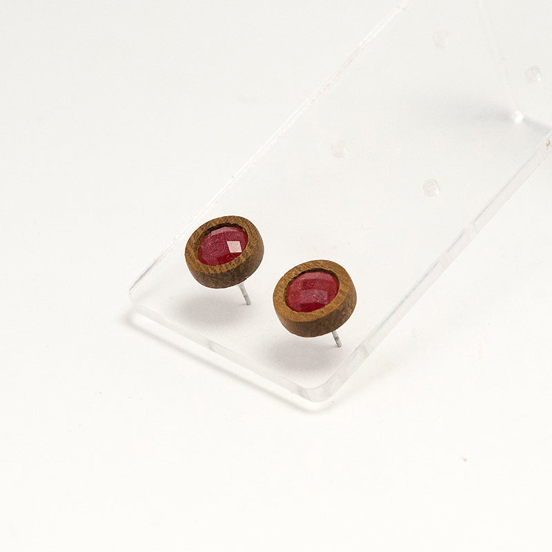 Aysia. Iroko Circle Wooden Earrings with  Red polyhedral faceted beads A130-14