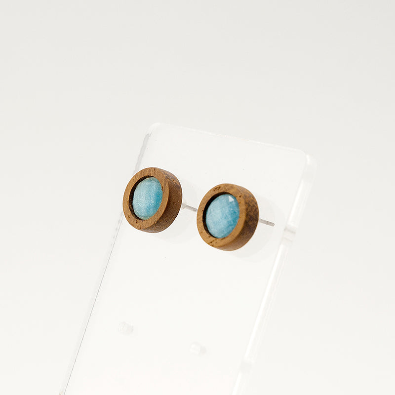 Babita. Ιroko Wooden Earrings, in Circle Shape with Blue Sky beads. A130-1