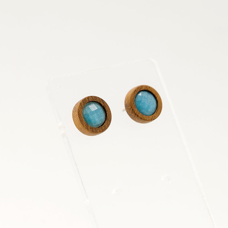 Babita. Ιroko Wooden Earrings, in Circle Shape with Blue Sky beads. A130-1