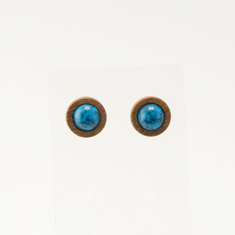 Βably. Iroko Circle Wooden Earrings with Blue sky polyhedral iridescent beads A130-2