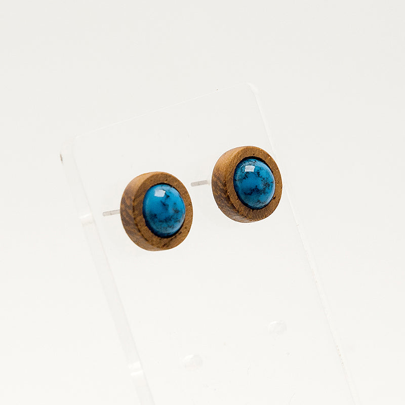 Βably. Iroko Circle Wooden Earrings with Blue sky polyhedral iridescent beads A130-2