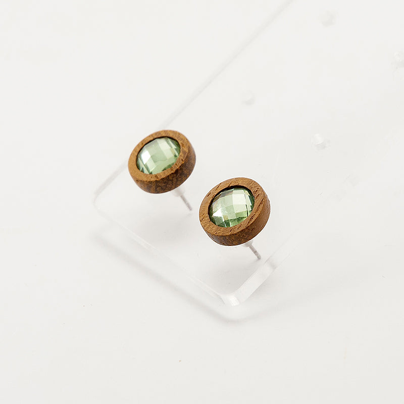 Bambi. Iroko Circle Wooden Earrings with Green polyhedral Crystal faceted beads A130-3