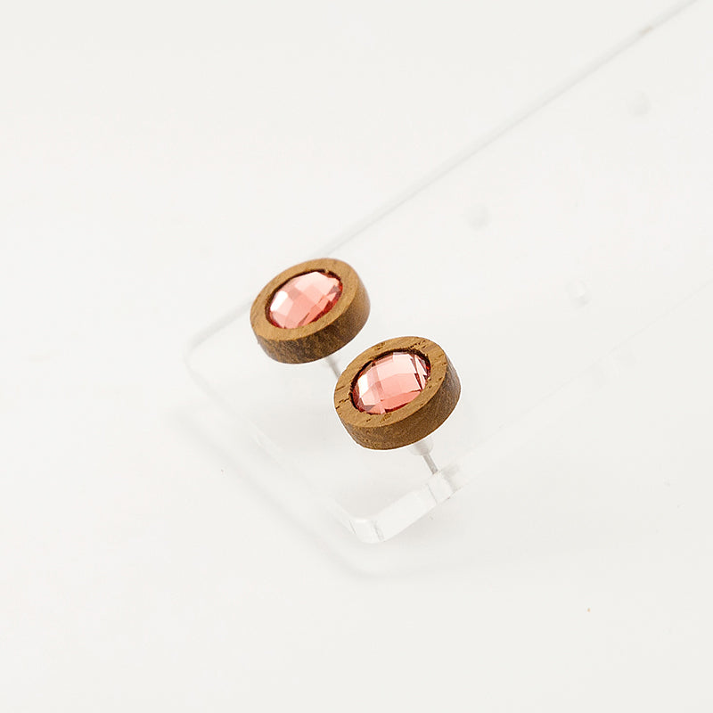 Thida. Iroko Circle Wooden Earrings with Pink polyhedral Crystal faceted beads A130-4