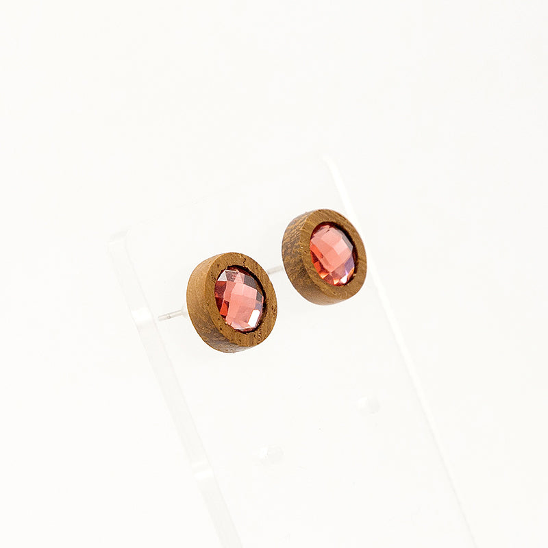 Thida. Iroko Circle Wooden Earrings with Pink polyhedral Crystal faceted beads A130-4