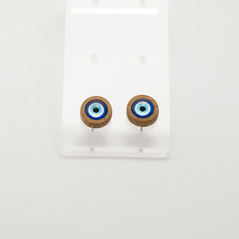 Evie. Iroko Circle Wooden Earrings with Blue eye beads A130-5