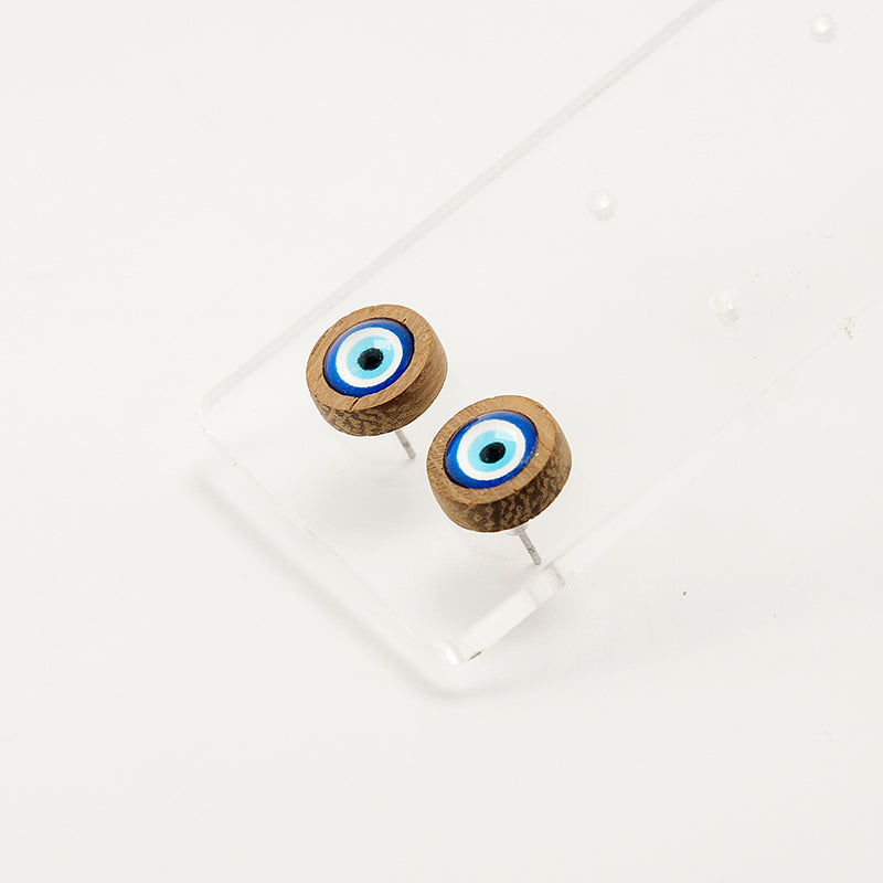 Evie. Iroko Circle Wooden Earrings with Blue eye beads A130-5