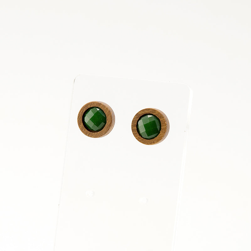 Jazlene. Iroko Circle Wooden Earrings with Dark green polyhedral beads A130-6