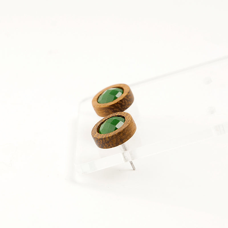 Jazlene. Iroko Circle Wooden Earrings with Dark green polyhedral beads A130-6