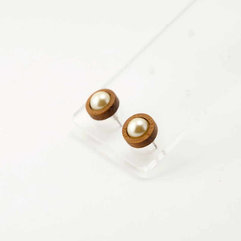 Alana. Iroko Circle Wooden Earrings with White pearl beads A130-7