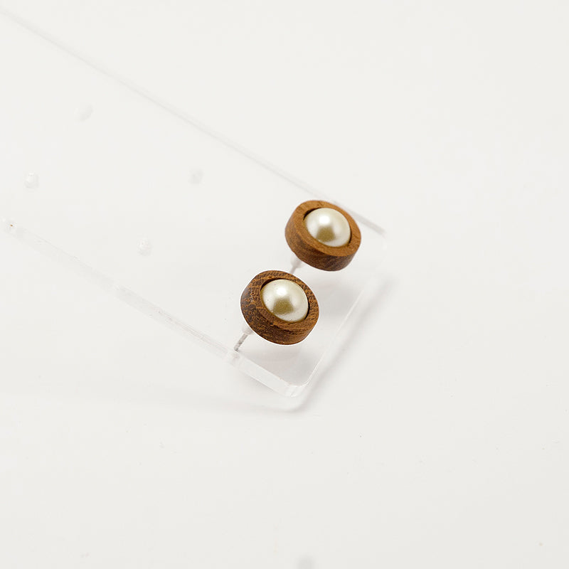 Alana. Iroko Circle Wooden Earrings with White pearl beads A130-7
