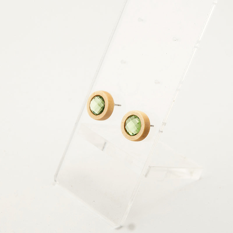 Brayla. lemon wood Circle Wooden Earrings with Green polyhedral faceted beads A132-6