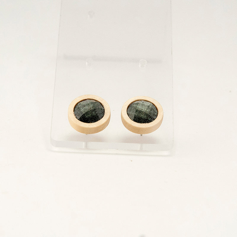 Litsa. lemon wood Circle Wooden Earrings with  Black Ιridescent beads  A137-4