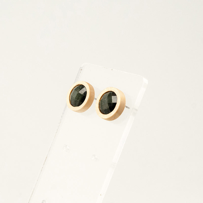 Litsa. lemon wood Circle Wooden Earrings with  Black Ιridescent beads  A137-4