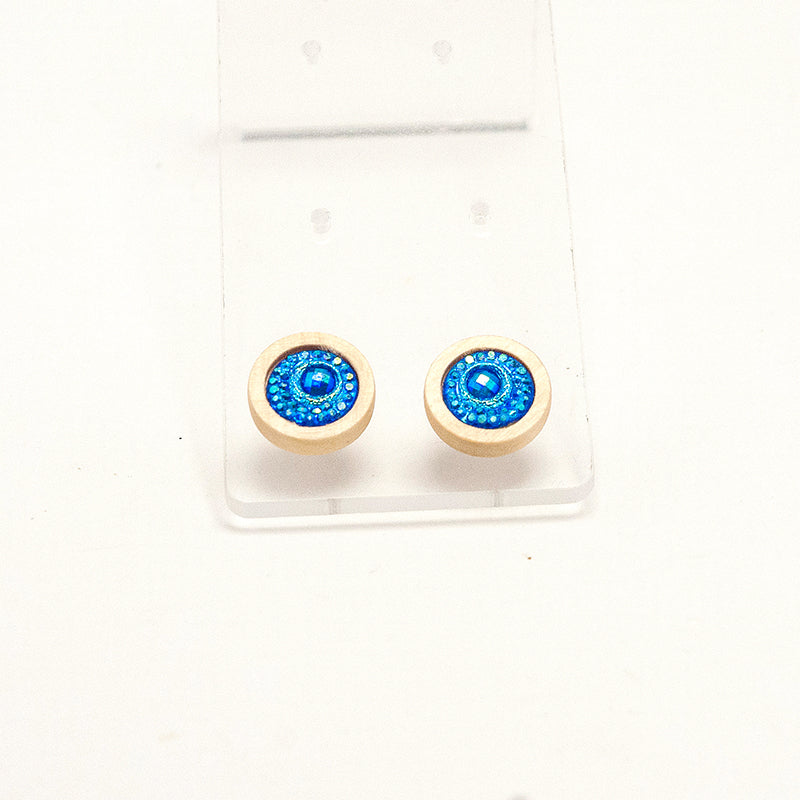 Knova. lemon wood Circle Wooden Earrings with  Blue iridescent beads A137-8