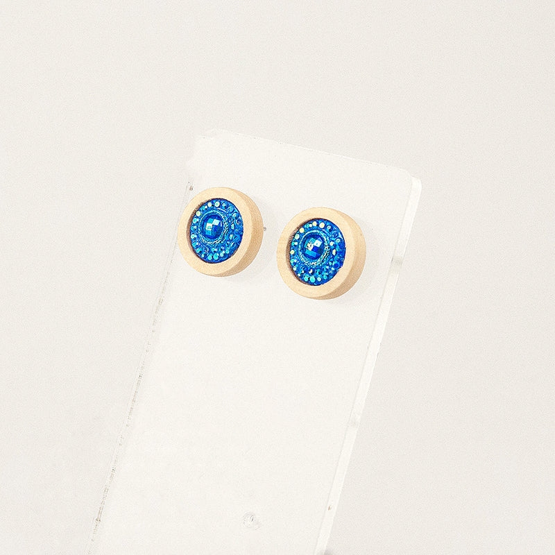 Knova. lemon wood Circle Wooden Earrings with  Blue iridescent beads A137-8