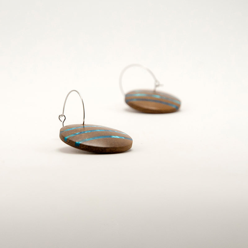 Susana. Iroko Discus Wooden Earrings with Blue Shell inlay A138-1
