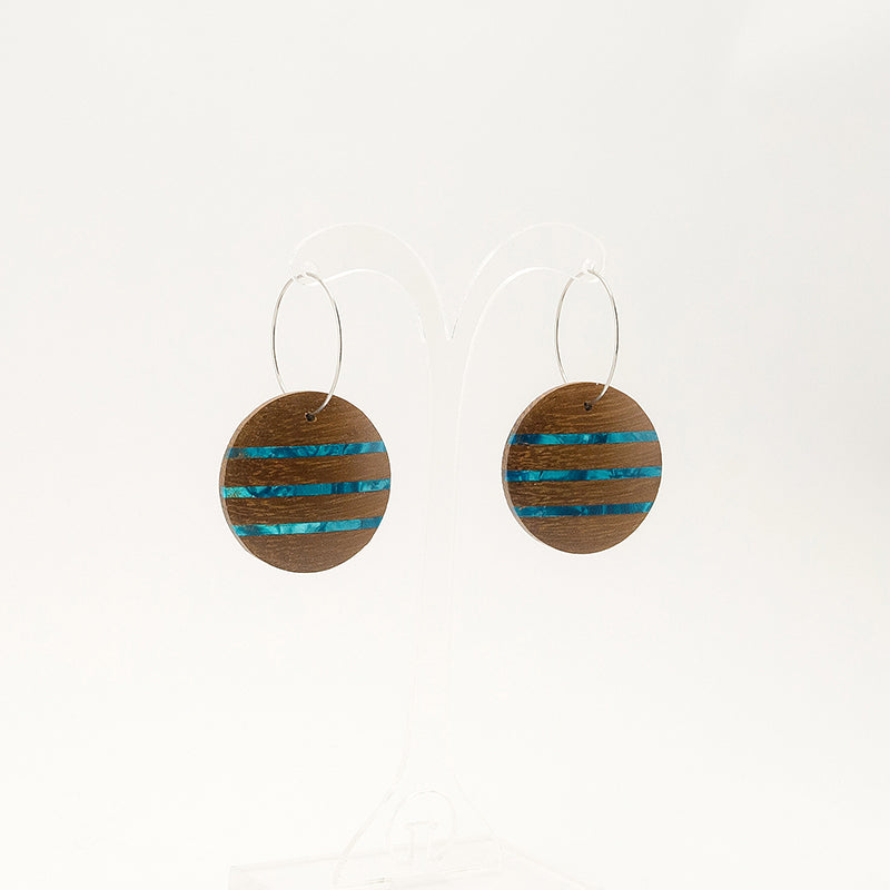 Susana. Iroko Discus Wooden Earrings with Blue Shell inlay A138-1