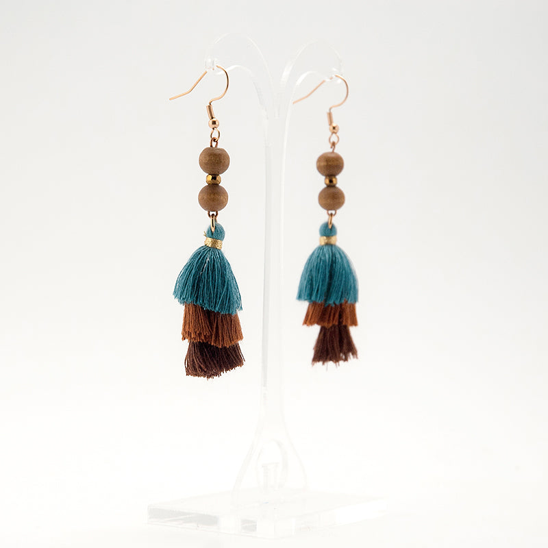Otema. Doussie Abstract  Wooden Earrings with Earth tones tassels A139-1