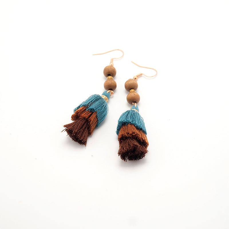 Otema. Doussie Abstract  Wooden Earrings with Earth tones tassels A139-1