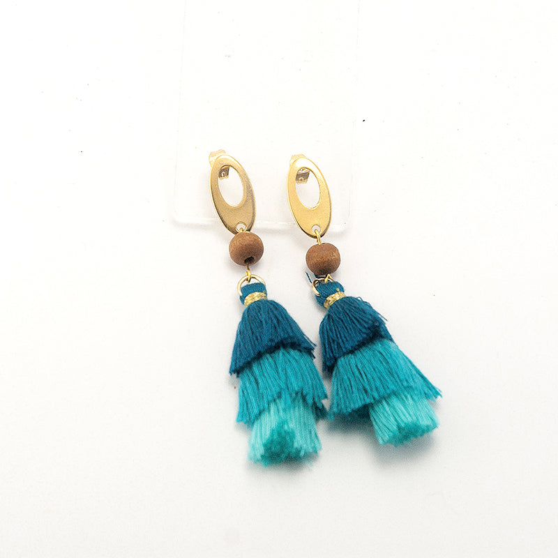 Zura. Doussie Abstract  Wooden Earrings with Turquoise tones tassels A139-2