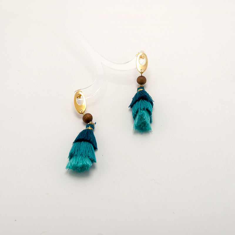 Zura. Doussie Abstract  Wooden Earrings with Turquoise tones tassels A139-2