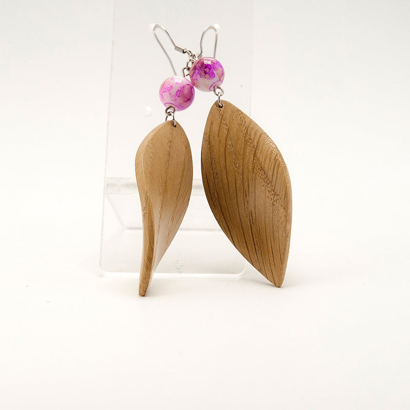 Fayza. Oak Leaf Wooden Earrings with  Pink beads Organic flow design  A141-1