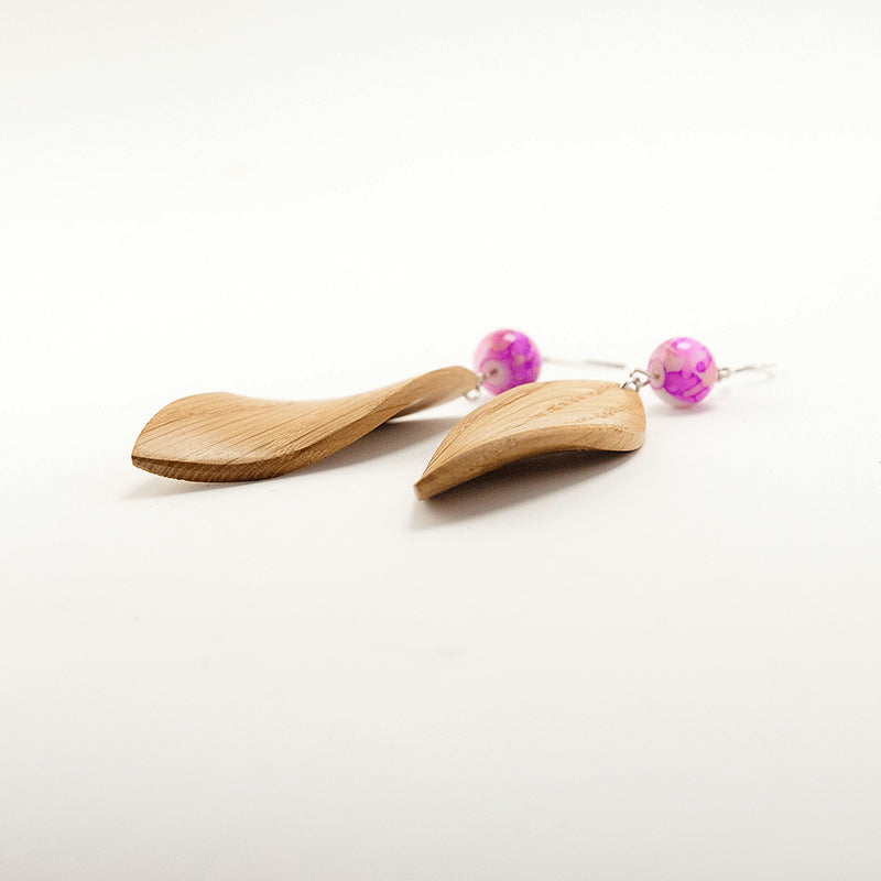 Fayza. Oak Leaf Wooden Earrings with  Pink beads Organic flow design  A141-1