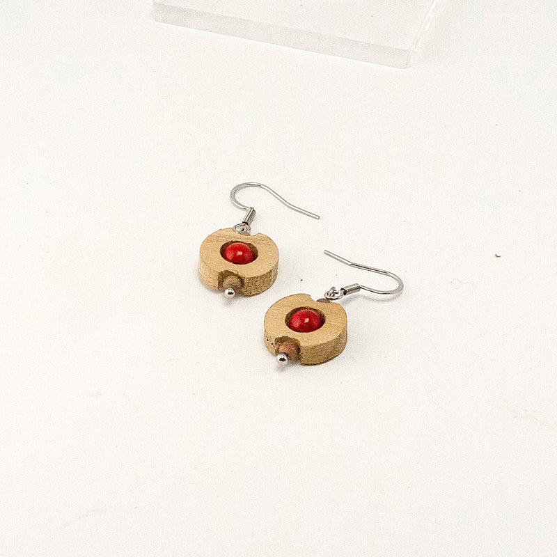 Zaima. Maple Circle Wooden Earrings with Red beads A142-1