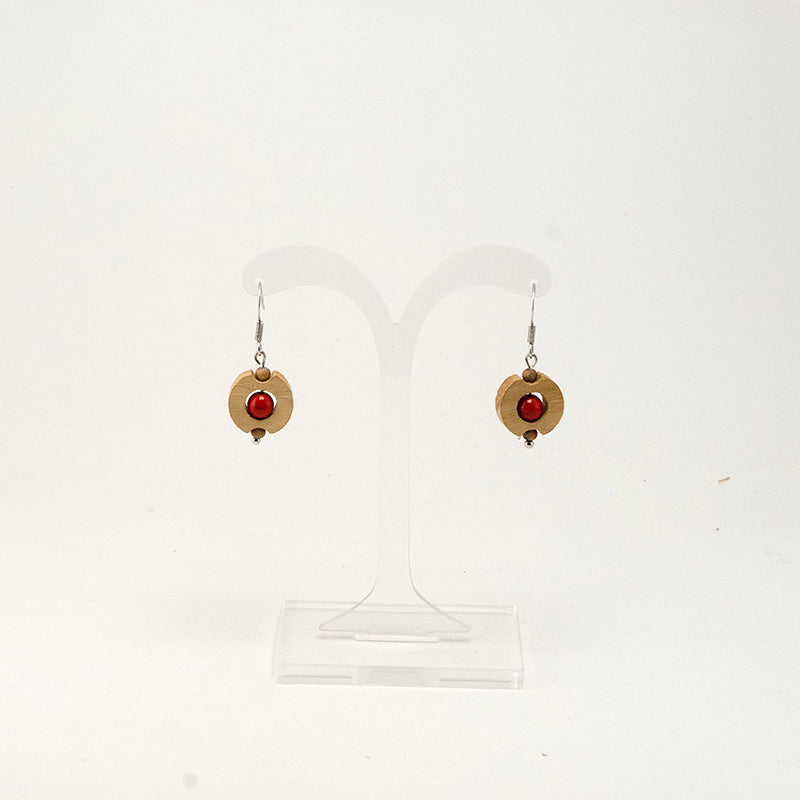 Zaima. Maple Circle Wooden Earrings with Red beads A142-1