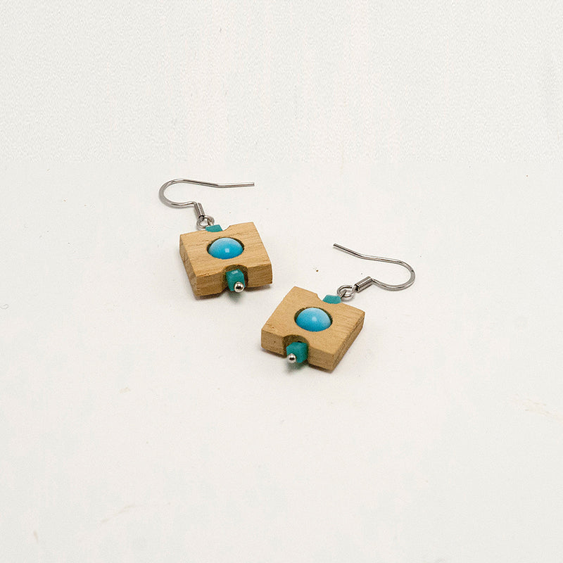 Joanna. Maple Square Wooden Earrings with Turquoise and Blue sky cat eye beads A143-1